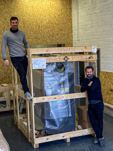 Matt & George the day our Coffee Roaster, a Probat P12 III arrived from Germany