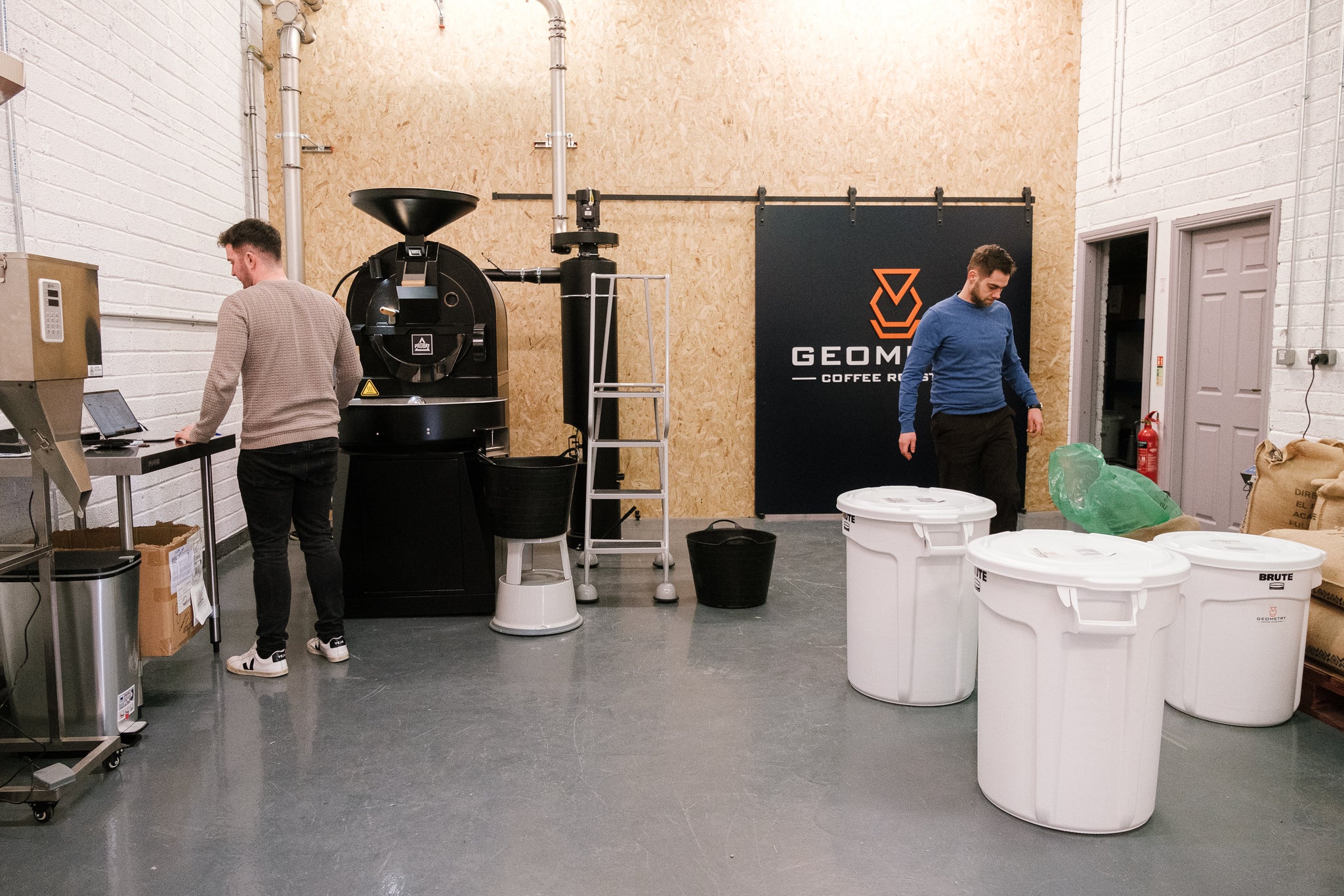 Geometry Coffee Roasters featuring Matt and Frano during a specialty coffee roasting session