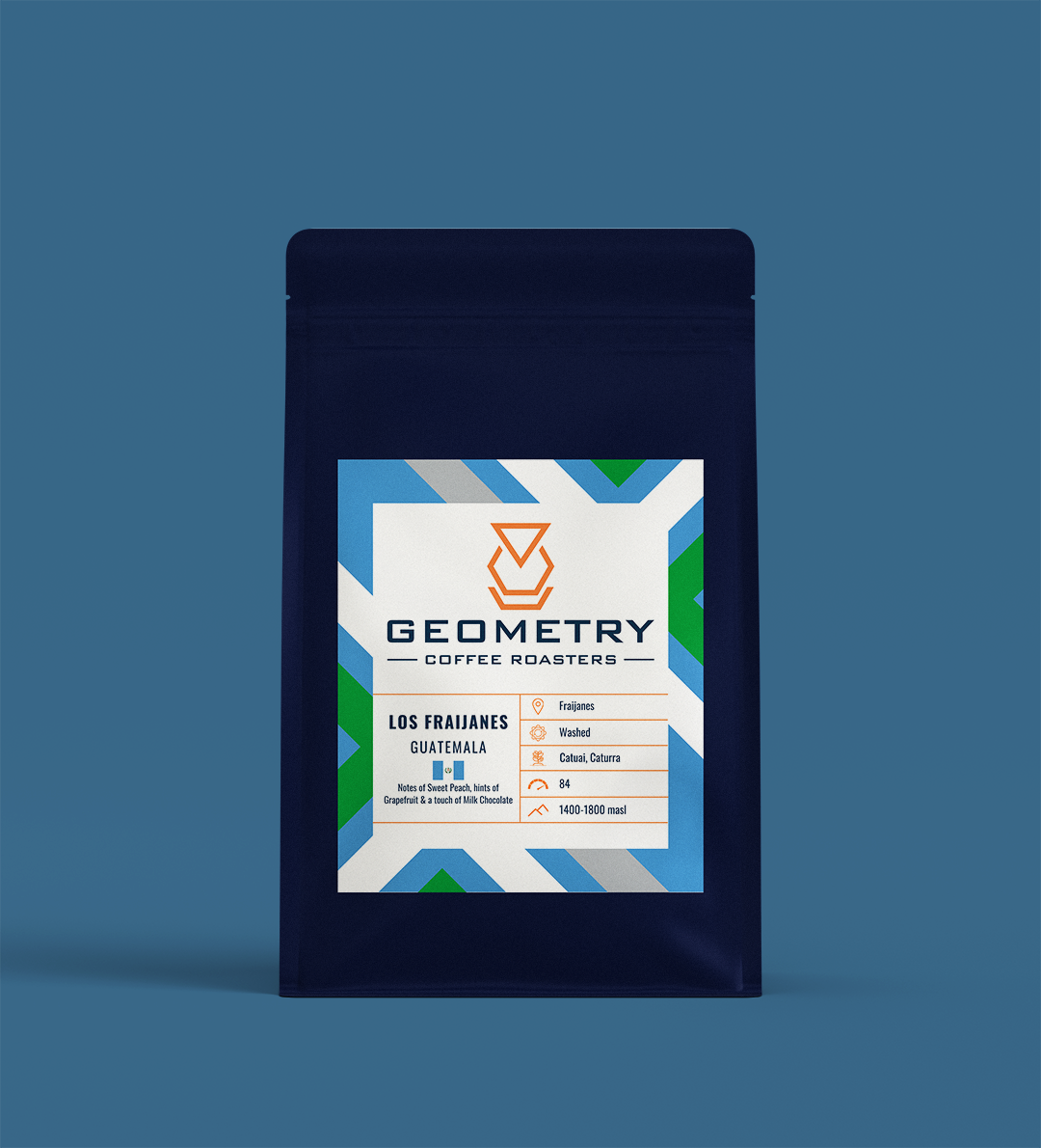 Geometry Coffee Roasters Guatemala Los 
Fraijanes Specialty Coffee Blue background 